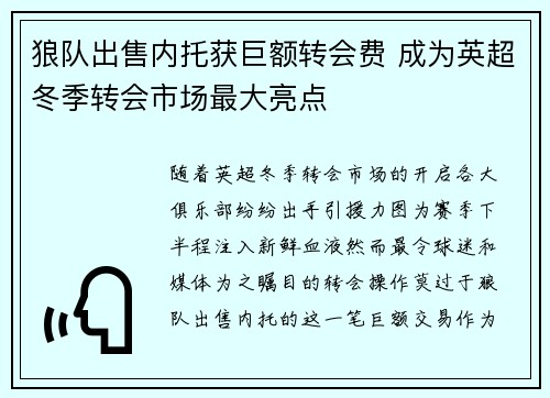 狼队出售内托获巨额转会费 成为英超冬季转会市场最大亮点